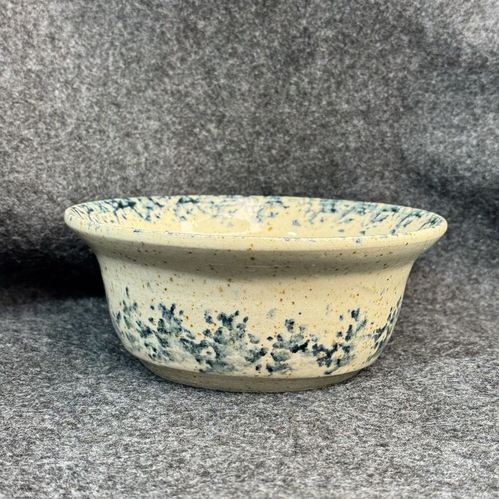 VTG Western American Pottery Blue Spongeware White Stoneware Bowl Rustic Country